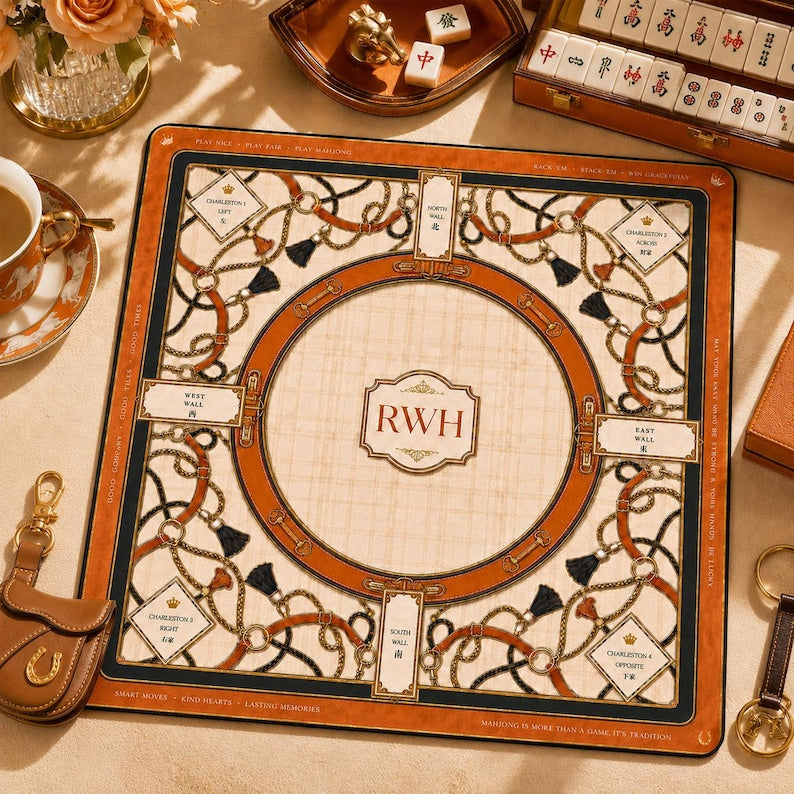 Luxe Equestrian Bridle Mahjong Mat, Orange Leather Monogram Club Game Mat, Horse Mahjong Mat