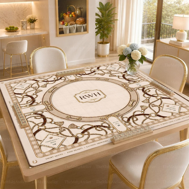 Luxe Equestrian Bridle Mahjong Mat, Orange Leather Monogram Club Game Mat, Horse Mahjong Mat