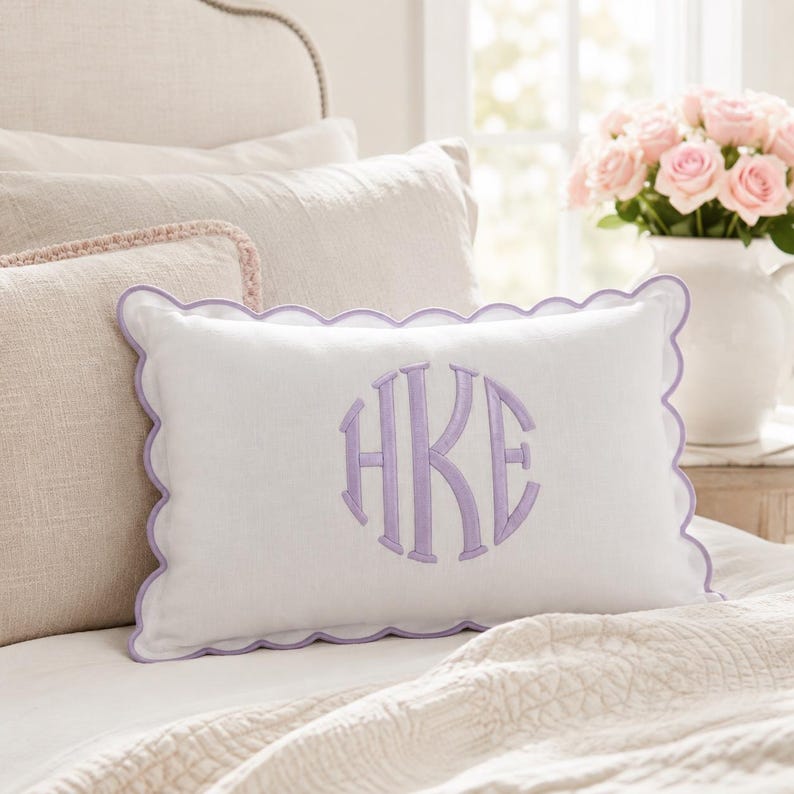 Custom Monogram Pillow Scalloped Edge Linen Embroidered Cushion