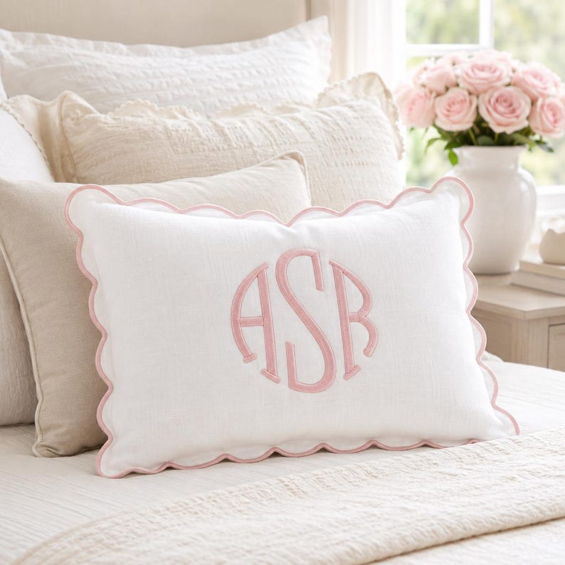 Custom Monogram Pillow Scalloped Edge Linen Embroidered Cushion