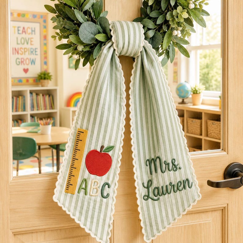 Personalized Teacher Wreath Sash Yellow Gingham Embroidered Classroom Door Decor, Back To School Gift