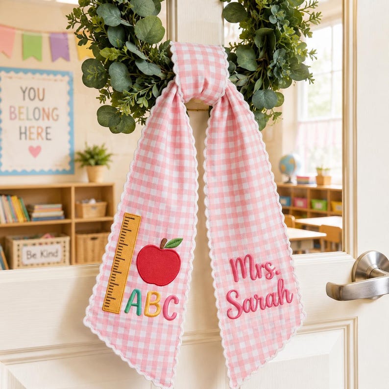 Personalized Teacher Wreath Sash Yellow Gingham Embroidered Classroom Door Decor, Back To School Gift