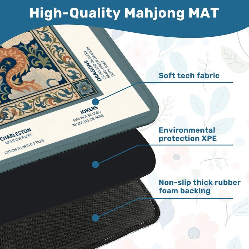 The Three Dragons Mahjong Mat, William Morris Style American Mahjong Reference Game Mat