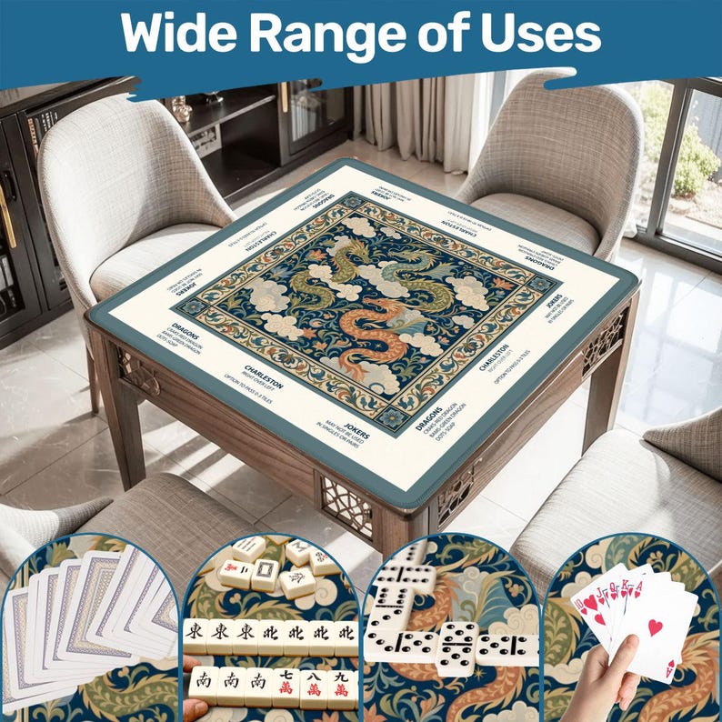 The Three Dragons Mahjong Mat, William Morris Style American Mahjong Reference Game Mat