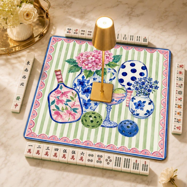 Mahjong Pickleball Game Mat, Maximalist Chinoiserie Mahjong Table Mat, Summer Mah jongg Gift, Non Slip Table Cover