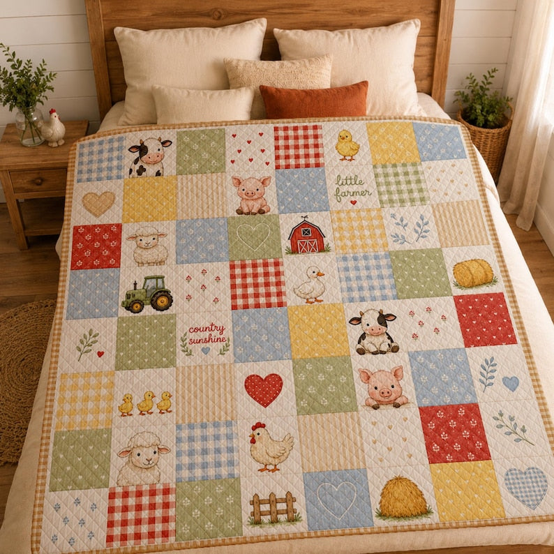 Farm Animal Quilt, Country Patchwork Blanket, Little Farmer Nursery Decor