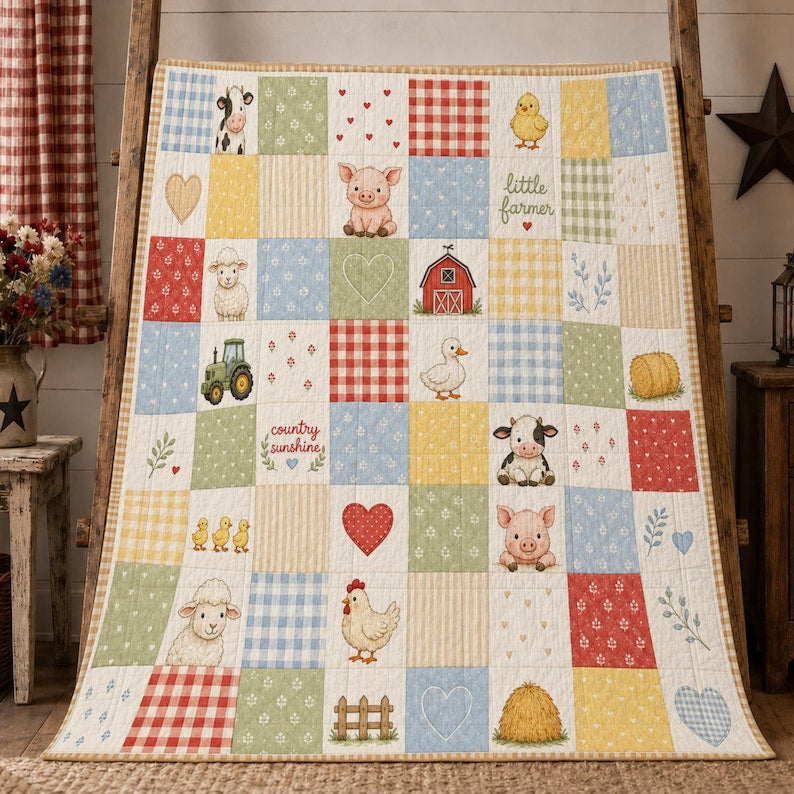 Farm Animal Quilt, Country Patchwork Blanket, Little Farmer Nursery Decor