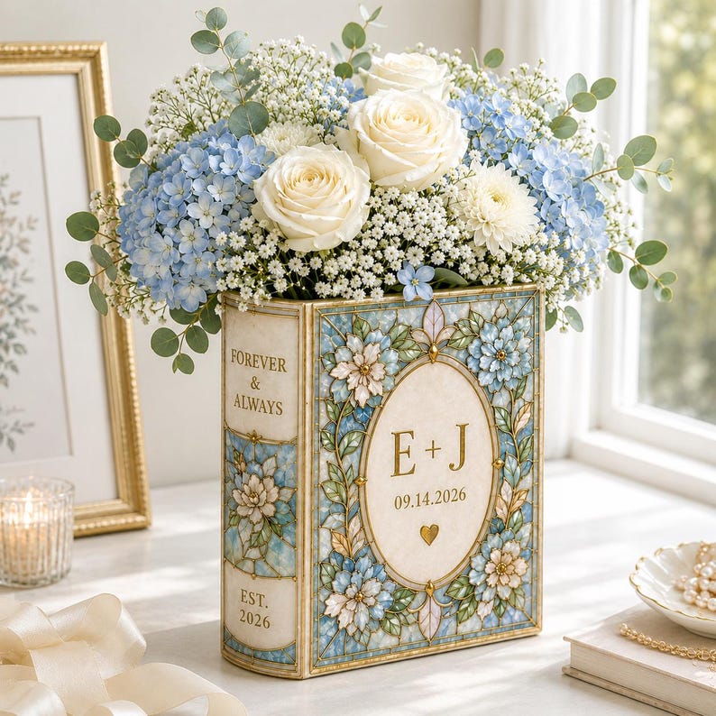 Personalized Ceramic Book Vase, Custom Wedding Flower Vase, Stained Glass Book Vase, Couple Initials Gift