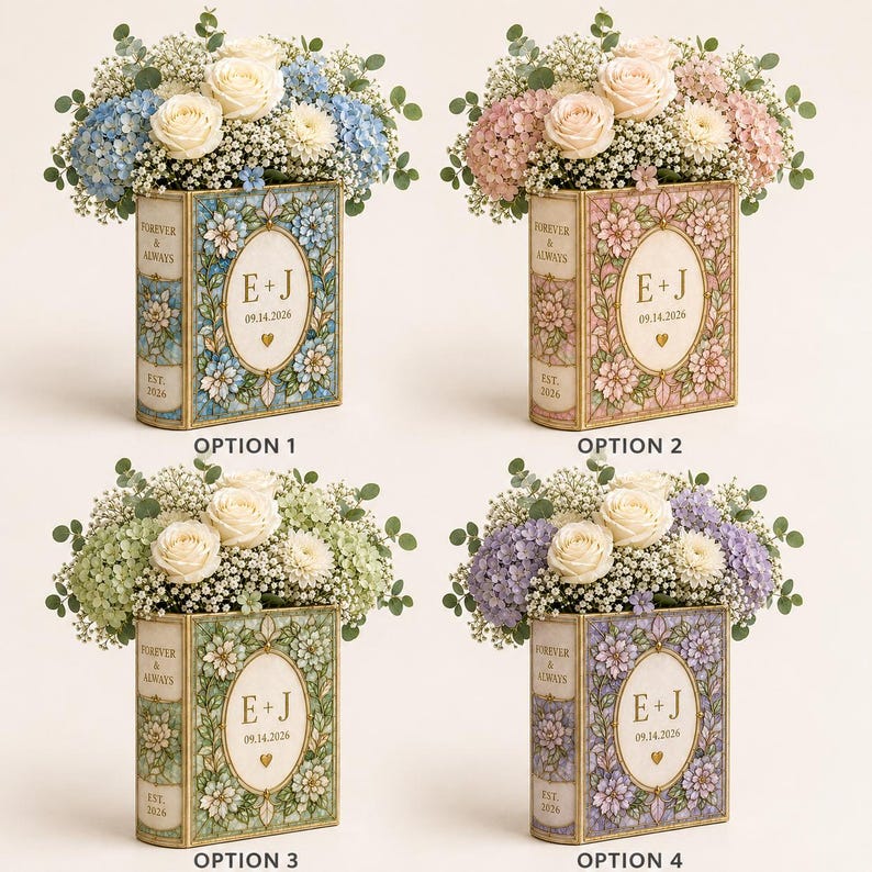 Personalized Ceramic Book Vase, Custom Wedding Flower Vase, Stained Glass Book Vase, Couple Initials Gift