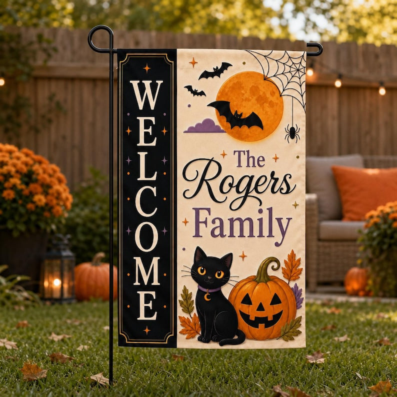 Personalized Halloween Garden Flag, Black Cat Pumpkin Family Name Yard Decor, Welcome Porch Flag