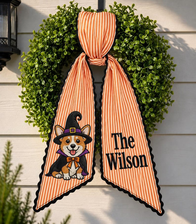 Custom Halloween Wreath Sash, Personalized Dog Witch Door Decor, Orange Stripe Ribbon
