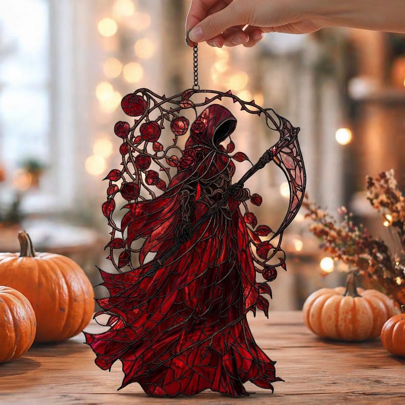 Red Rose Grim Reaper Acrylic Suncatcher, Gothic Faux Window Hanging