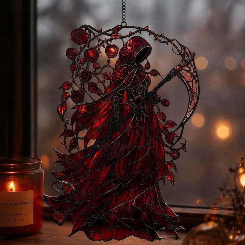 Red Rose Grim Reaper Acrylic Suncatcher, Gothic Faux Window Hanging