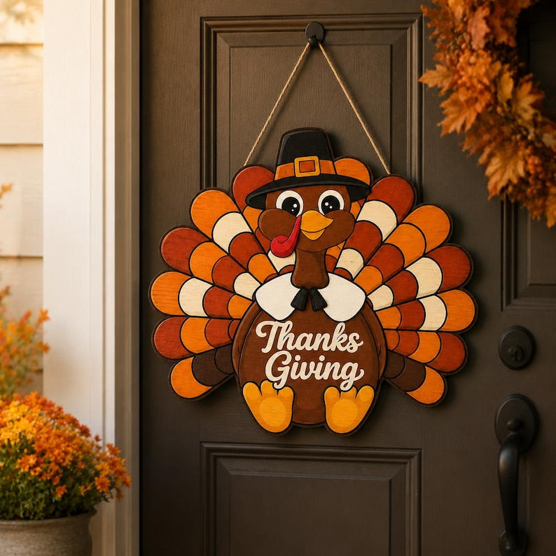 Wooden Thanksgiving Turkey Door Sign, Rustic Fall Harvest Decor