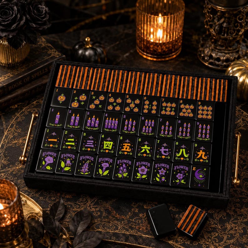 Spooky Pumpkin Candles Flower Mahjong Tile Set, Black Cat Halloween American Acrylic Tiles Portable, Hostess Gift