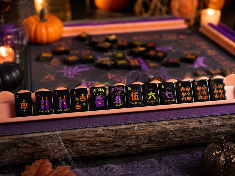 Spooky Pumpkin Candles Flower Mahjong Tile Set, Black Cat Halloween American Acrylic Tiles Portable, Hostess Gift