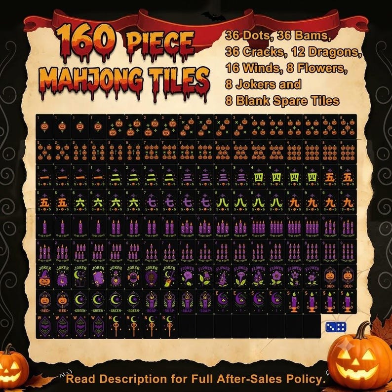 Spooky Pumpkin Candles Flower Mahjong Tile Set, Black Cat Halloween American Acrylic Tiles Portable, Hostess Gift
