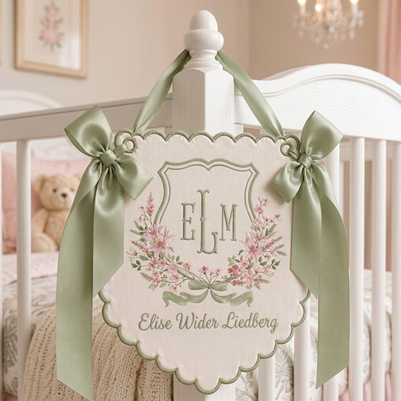 Personalized Embroidered Baby Name Banner, Custom Monogram Nursery Pennant, Hospital Door Announcement