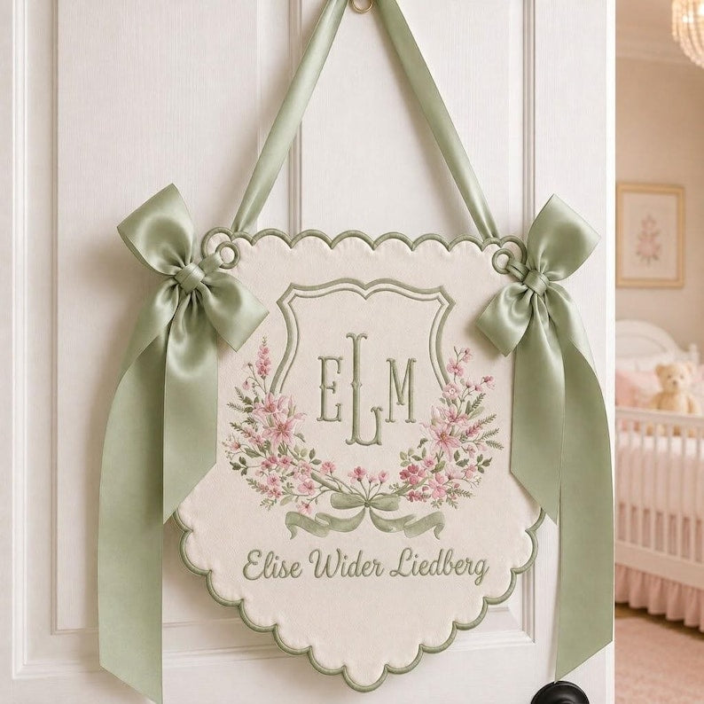 Personalized Embroidered Baby Name Banner, Custom Monogram Nursery Pennant, Hospital Door Announcement