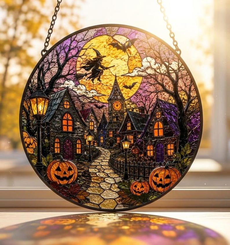 Halloween Village Glass Suncatcher, Haunted Town Stained Glass Window Hanging, Witch Moon Pumpkin Decor