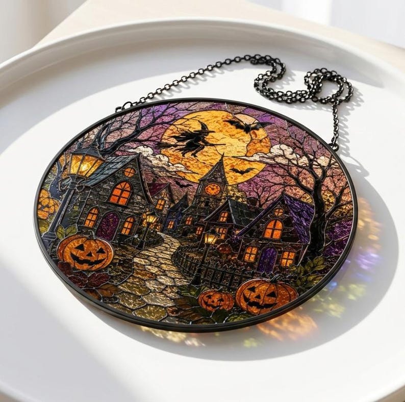 Halloween Village Glass Suncatcher, Haunted Town Stained Glass Window Hanging, Witch Moon Pumpkin Decor