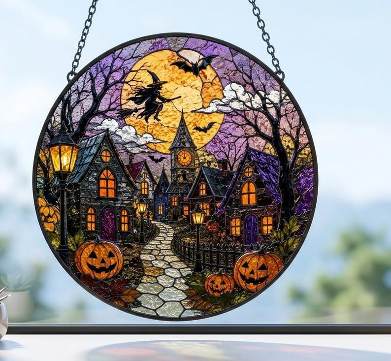 Halloween Village Glass Suncatcher, Haunted Town Stained Glass Window Hanging, Witch Moon Pumpkin Decor