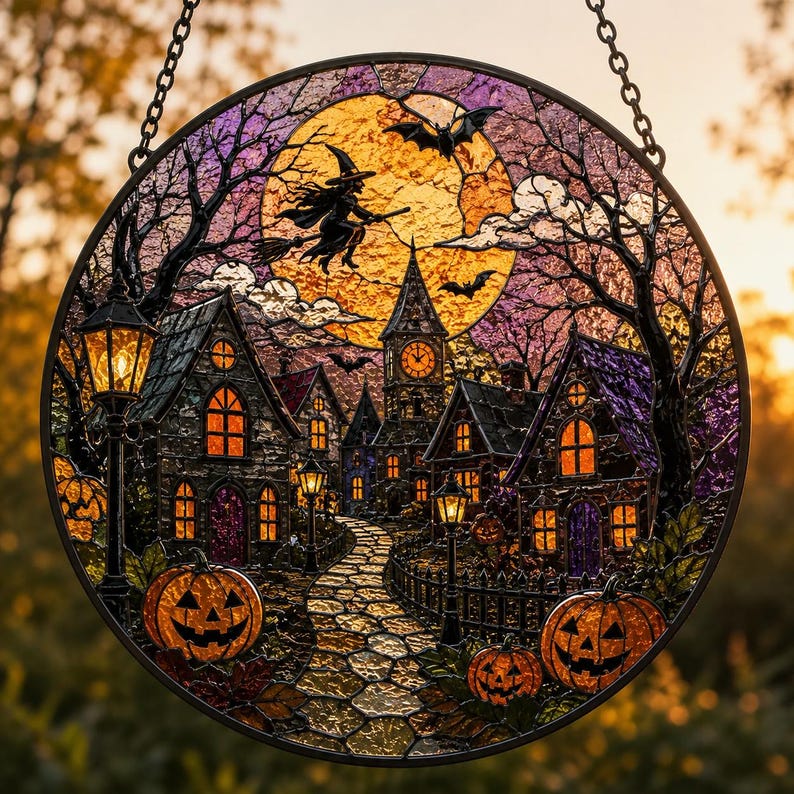 Halloween Village Glass Suncatcher, Haunted Town Stained Glass Window Hanging, Witch Moon Pumpkin Decor