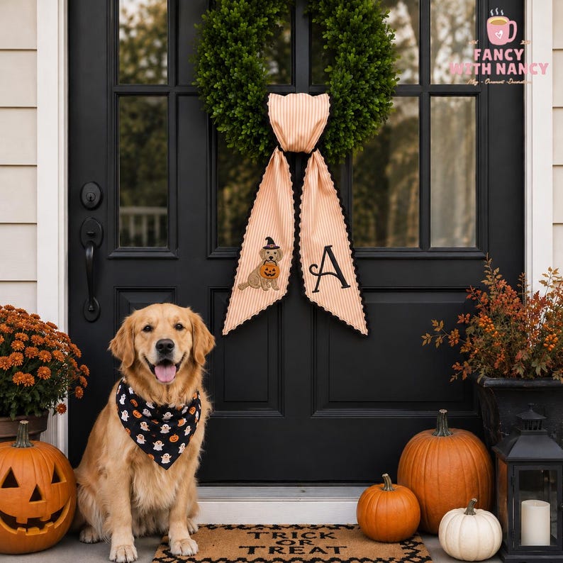 Embroidered Custom Dog Pumpkin Halloween Gingham Ric Rac Sash, Initial Monogram Door Hanger, Spooky Season Gift