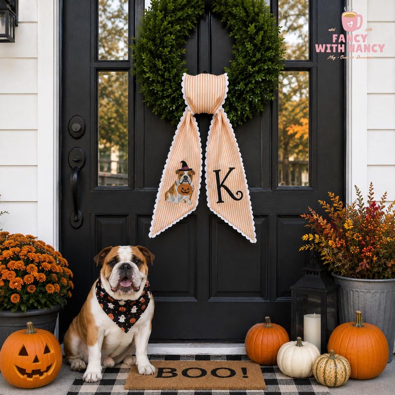 Embroidered Custom Dog Pumpkin Halloween Gingham Ric Rac Sash, Initial Monogram Door Hanger, Spooky Season Gift