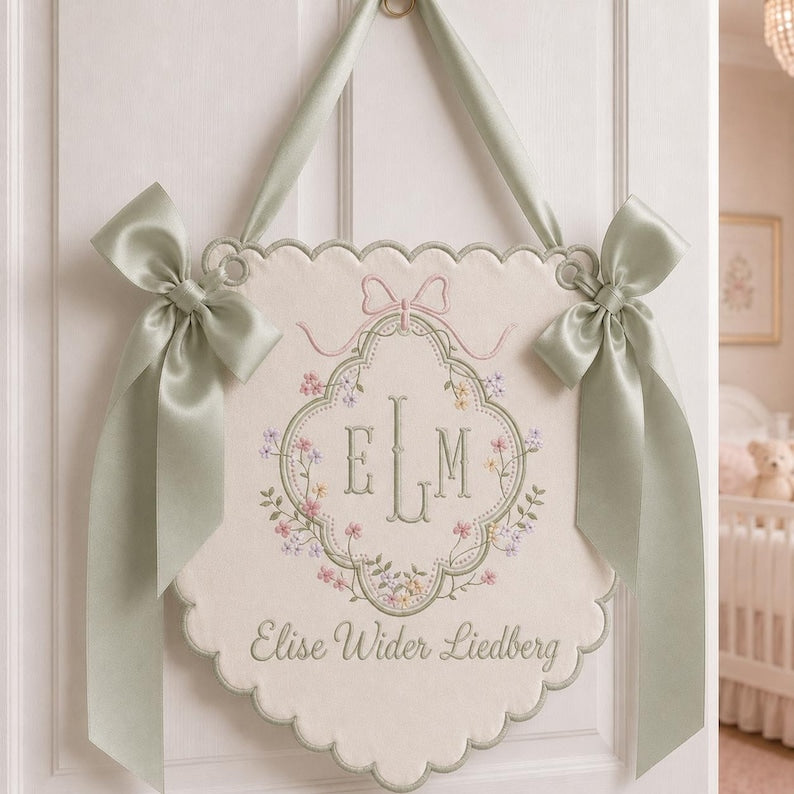 Custom Embroidered Baby Banner, Custom Monogram Nursery Pennant, Hospital Door Announcement, Newborn Nursery Decor