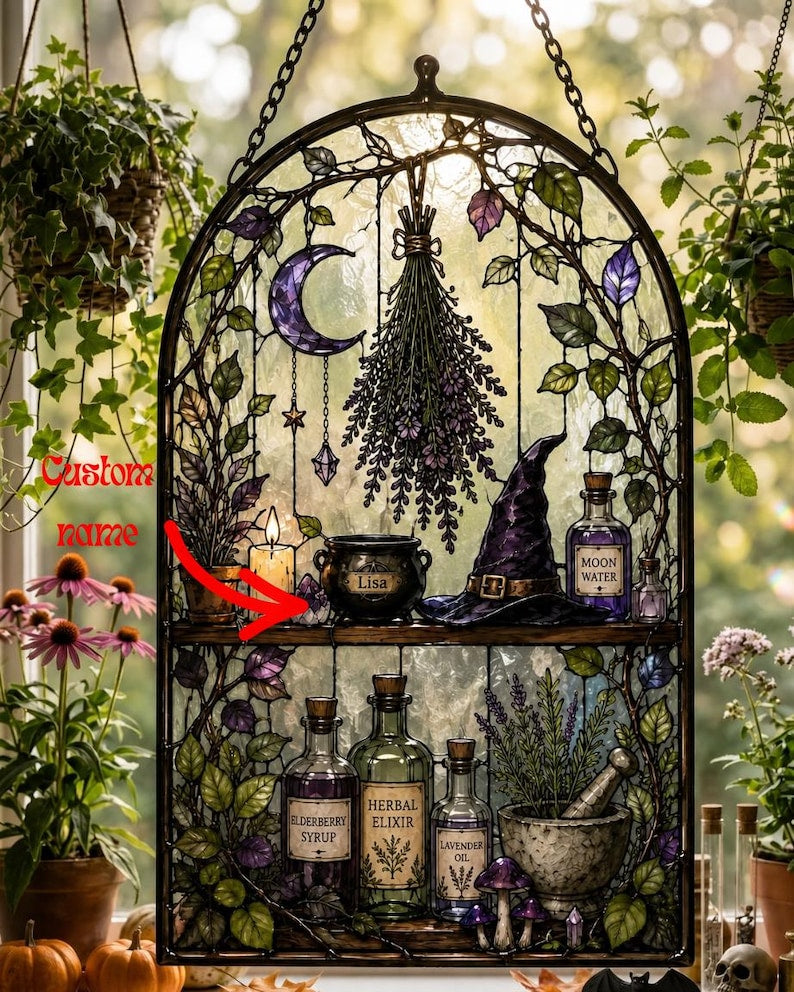 Personalized Witch Apothecary Acrylic Suncatcher, Custom Name Herbal Shelf Window Hanging, Gothic Witch Decor