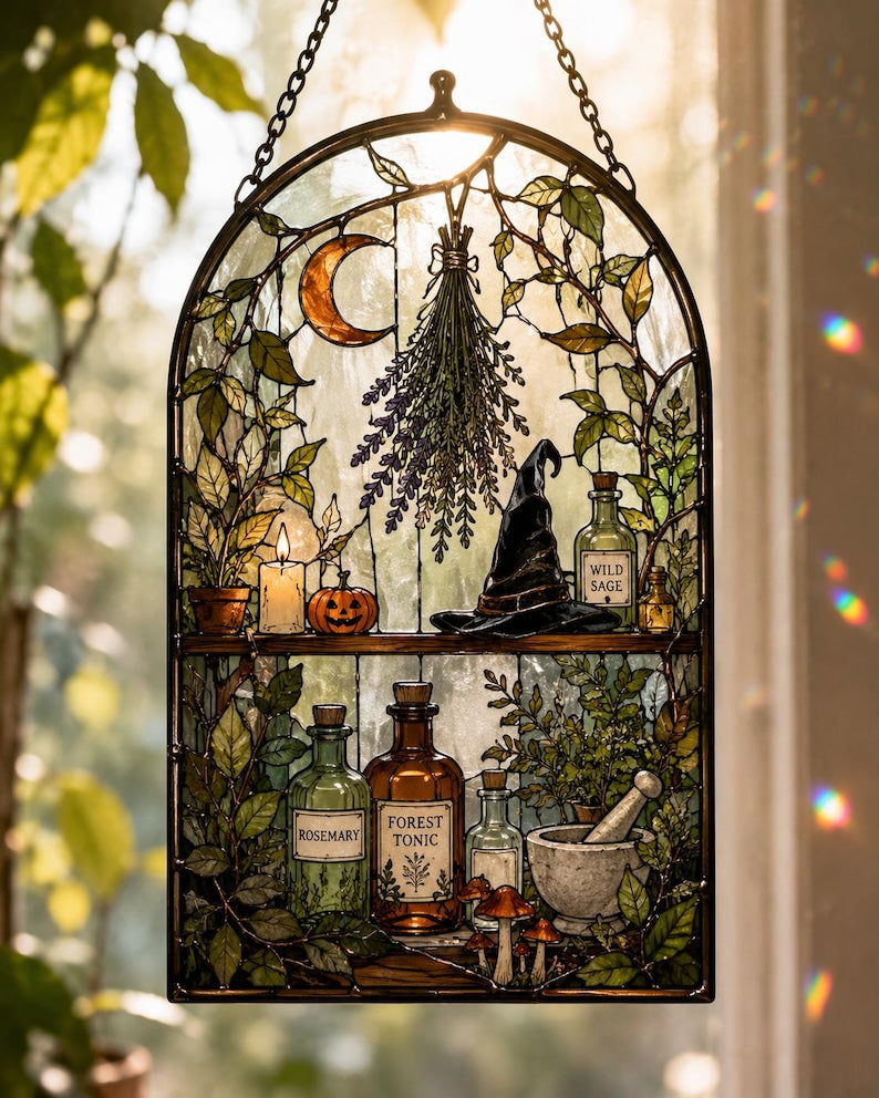 Personalized Witch Apothecary Acrylic Suncatcher, Custom Name Herbal Shelf Window Hanging, Gothic Witch Decor