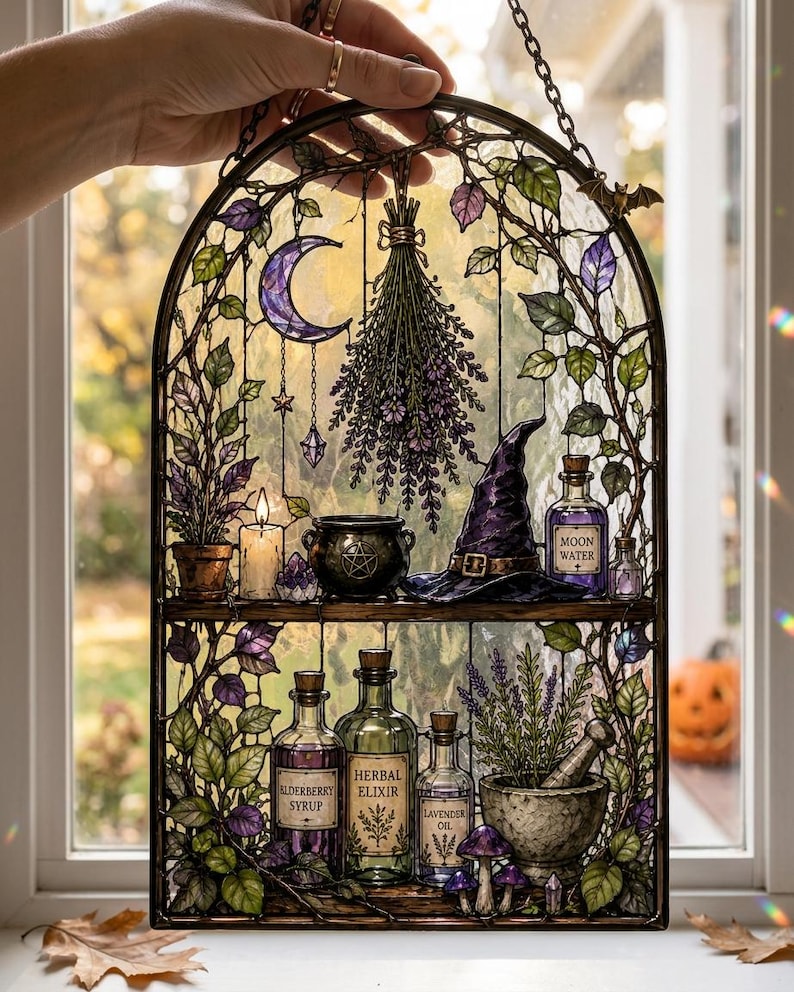 Personalized Witch Apothecary Acrylic Suncatcher, Custom Name Herbal Shelf Window Hanging, Gothic Witch Decor
