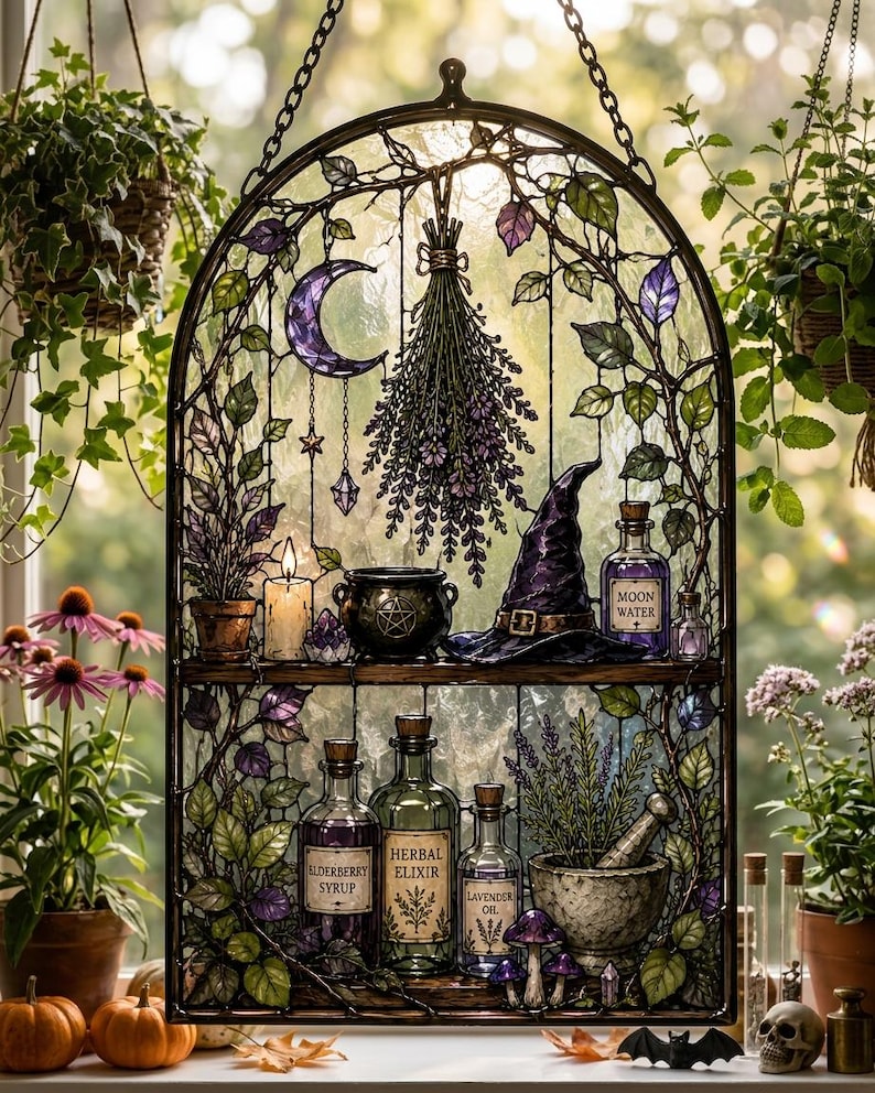 Personalized Witch Apothecary Acrylic Suncatcher, Custom Name Herbal Shelf Window Hanging, Gothic Witch Decor
