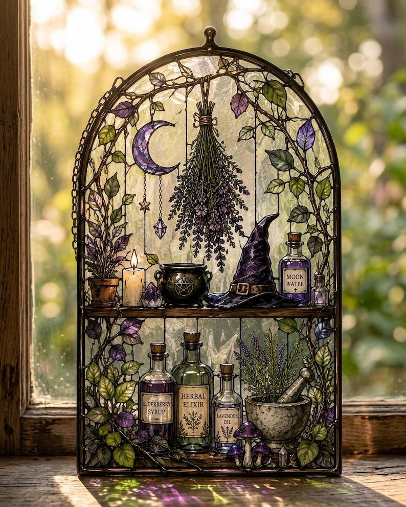 Personalized Witch Apothecary Acrylic Suncatcher, Custom Name Herbal Shelf Window Hanging, Gothic Witch Decor