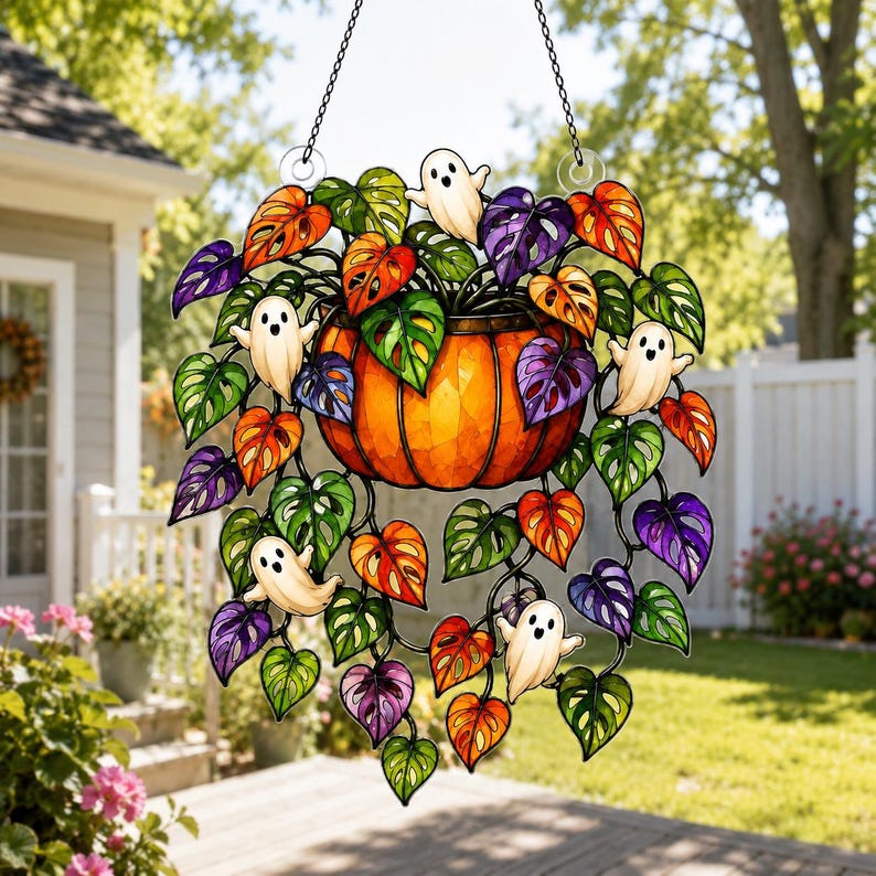 Ghost Pumpkin Plant Suncatcher, Halloween Window Decor, Acrylic Hanging Ornament