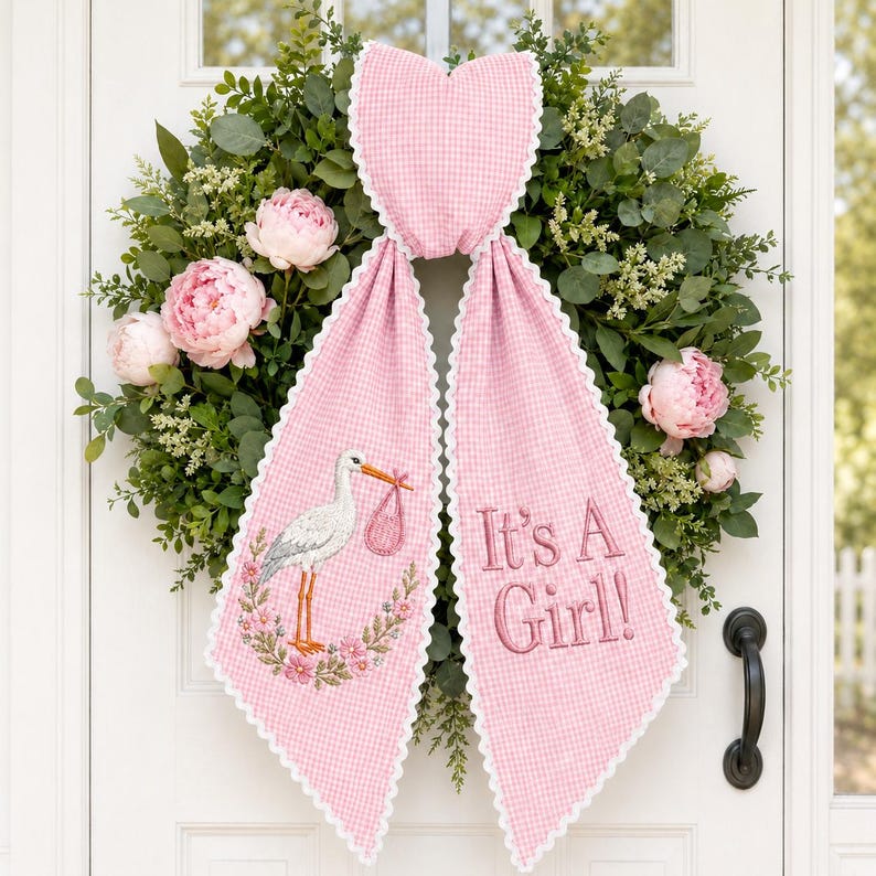 It's A Boy Stork Wreath Sash, Baby Announcement Wreath Sash, Embroidered Stork Door Bow, Gender Reveal Decor