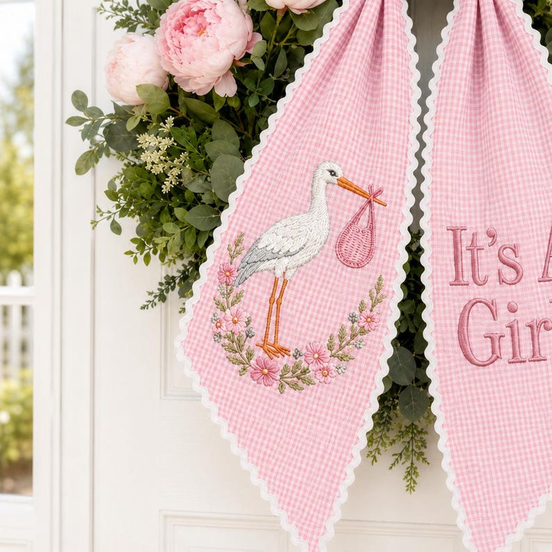 It's A Boy Stork Wreath Sash, Baby Announcement Wreath Sash, Embroidered Stork Door Bow, Gender Reveal Decor