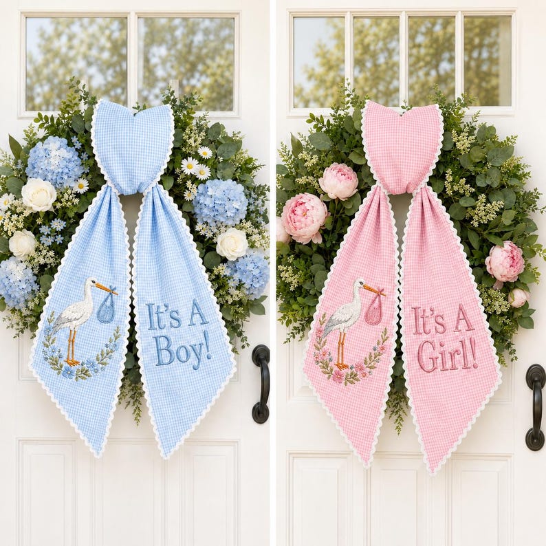 It's A Boy Stork Wreath Sash, Baby Announcement Wreath Sash, Embroidered Stork Door Bow, Gender Reveal Decor