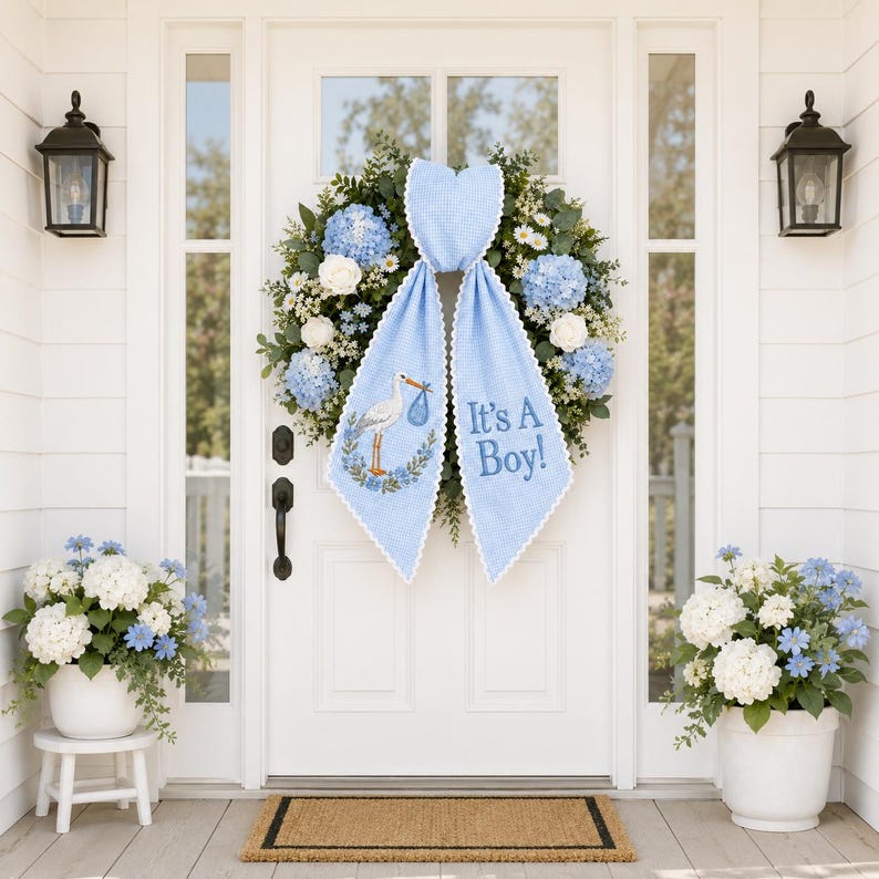 It's A Boy Stork Wreath Sash, Baby Announcement Wreath Sash, Embroidered Stork Door Bow, Gender Reveal Decor