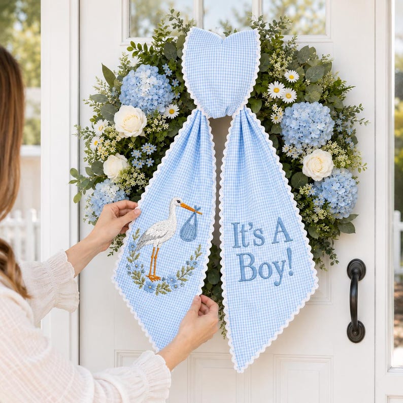 It's A Boy Stork Wreath Sash, Baby Announcement Wreath Sash, Embroidered Stork Door Bow, Gender Reveal Decor