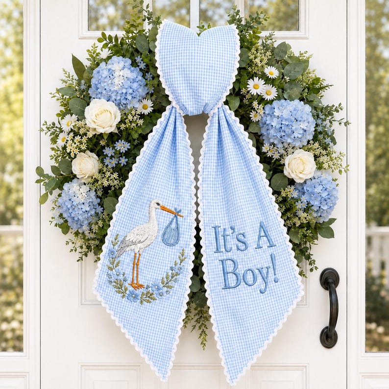 It's A Boy Stork Wreath Sash, Baby Announcement Wreath Sash, Embroidered Stork Door Bow, Gender Reveal Decor