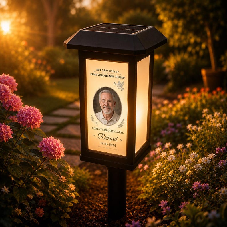 Personalized Memorial Solar Lantern, Custom Photo Gravesite Light, Outdoor Remembrance Garden Stake