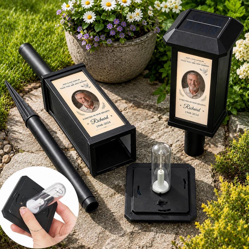 Personalized Memorial Solar Lantern, Custom Photo Gravesite Light, Outdoor Remembrance Garden Stake
