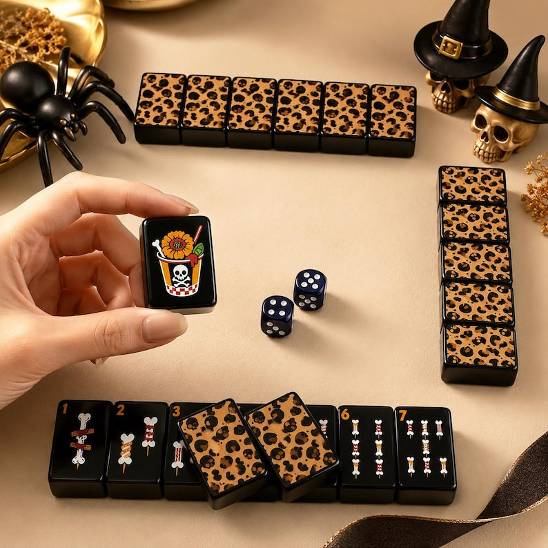Halloween Mahjong Tiles Set Spooky Skull Bone, Festive Pumpkin Game Pieces, Hostess Mahjong Gift