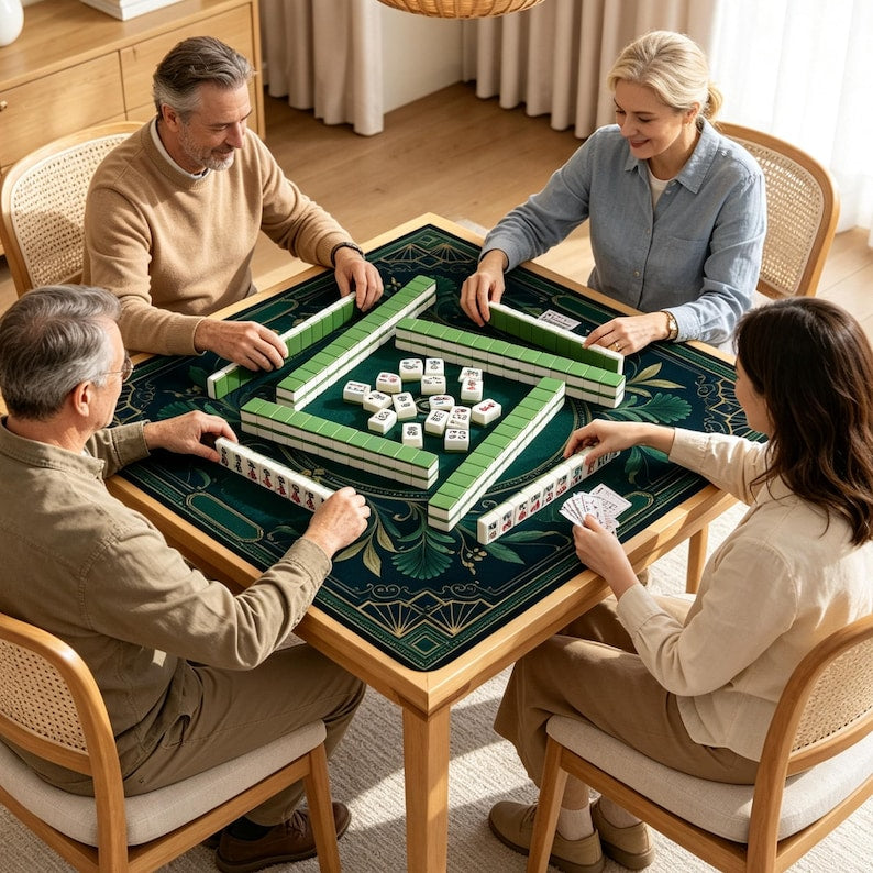 Art Deco Mahjong Mat, Dark Green Ginkgo Game Mat, Non Slip Luxury Botanical Mahjong Table Mat