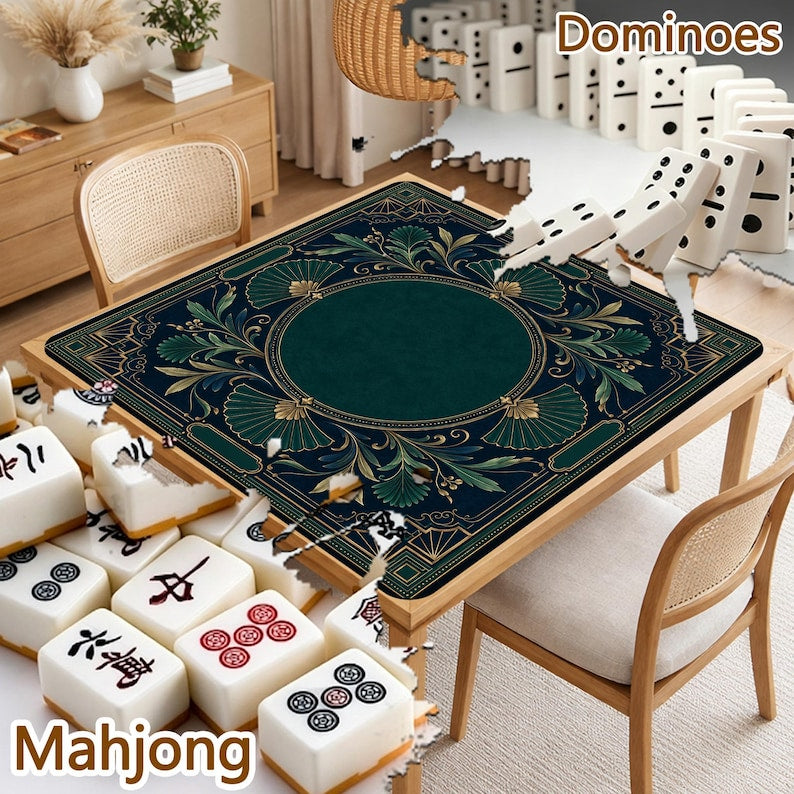 Art Deco Mahjong Mat, Dark Green Ginkgo Game Mat, Non Slip Luxury Botanical Mahjong Table Mat