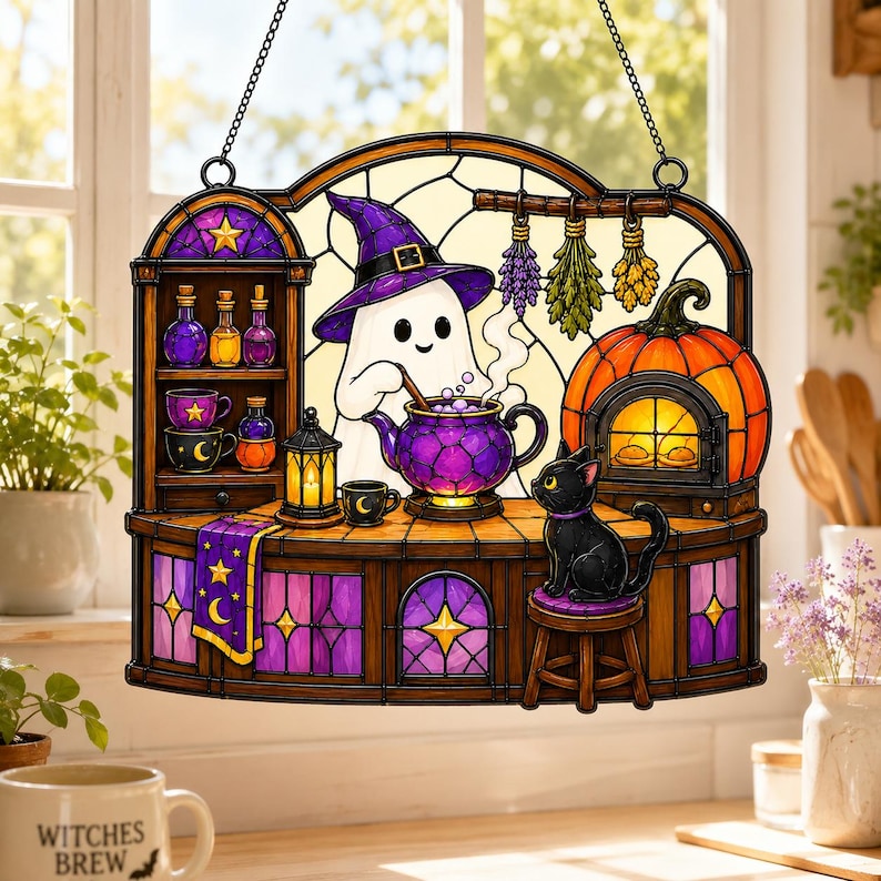 Ghost Witch and Black Cat Acrylic Suncatcher, Window Hanging, Cat Lover Gift, Halloween Home