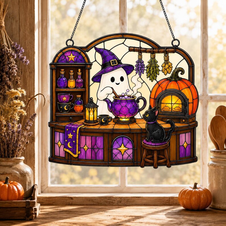 Ghost Witch and Black Cat Acrylic Suncatcher, Window Hanging, Cat Lover Gift, Halloween Home