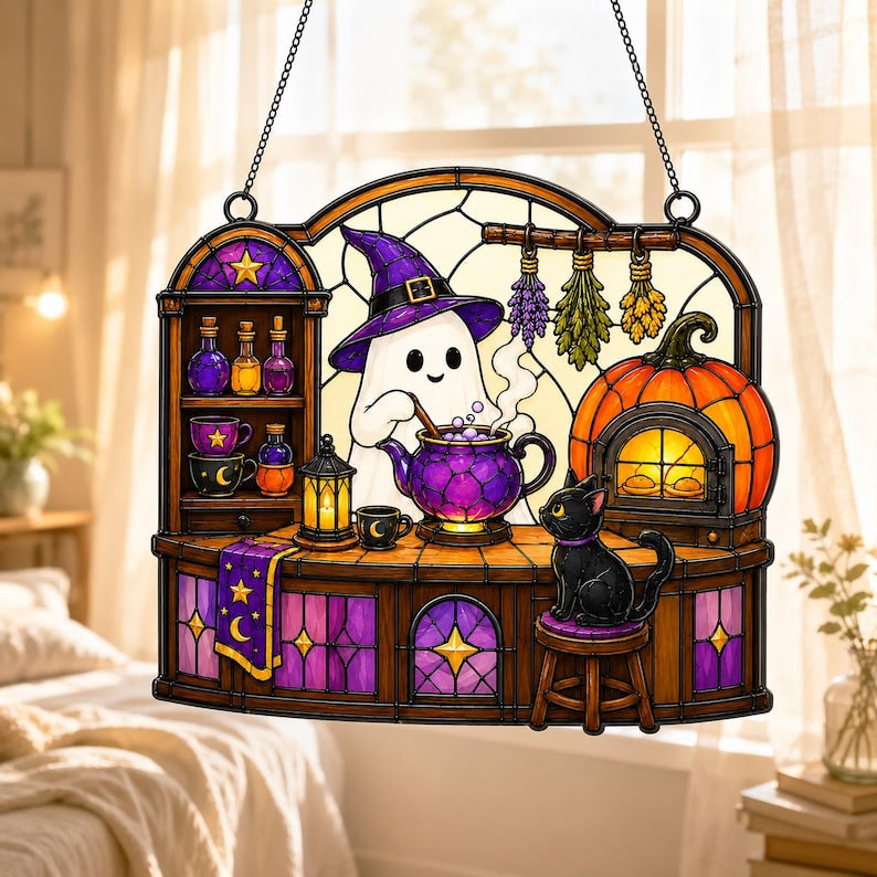 Ghost Witch and Black Cat Acrylic Suncatcher, Window Hanging, Cat Lover Gift, Halloween Home